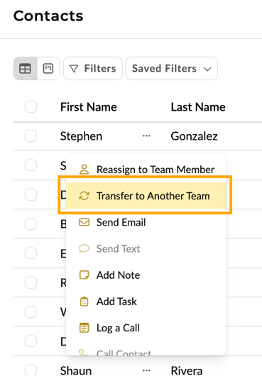 Contacs - More functions - Transfer a Contact to Another Team 1