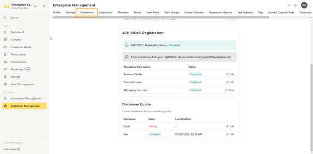 Enterprise Administration - Integrations - Submit for A2P 10DLC Campaign Registry Approval to Allow SMSTexting from Aidium 2